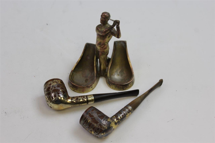 Brass Post-Swing Golfer with Two Sterling Overlay Tobacco Pipes Holder