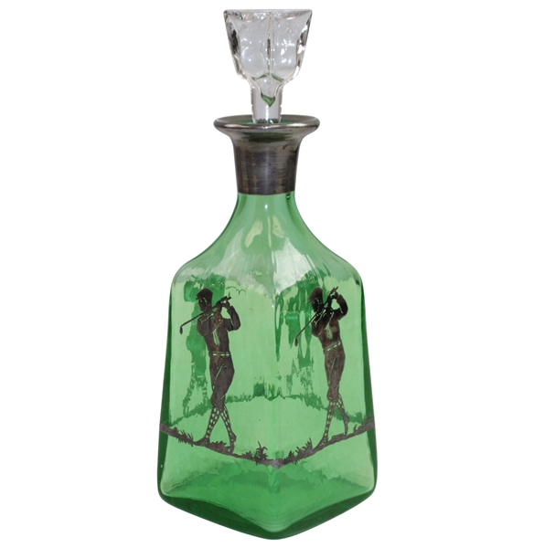 Vintage Emerald Green Sterling Overlay Golfers Decanter with Stopper