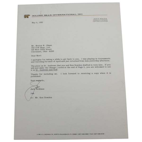 Jack Nicklaus Signed Letter on Letterhead to Mort Olman - May 4, 1993 JSA ALOA