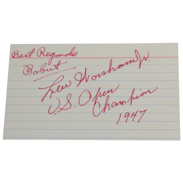 Lew Worsham Jr. Signed 3x5 Card with '1947 US Open' Inscription JSA ALOA