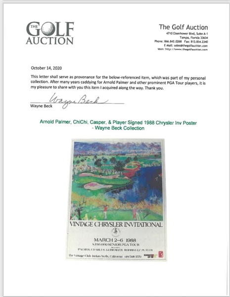 Arnold Palmer, ChiChi, Casper, & Player Signed 1988 Chrysler Inv Poster - Wayne Beck Collection JSA ALOA