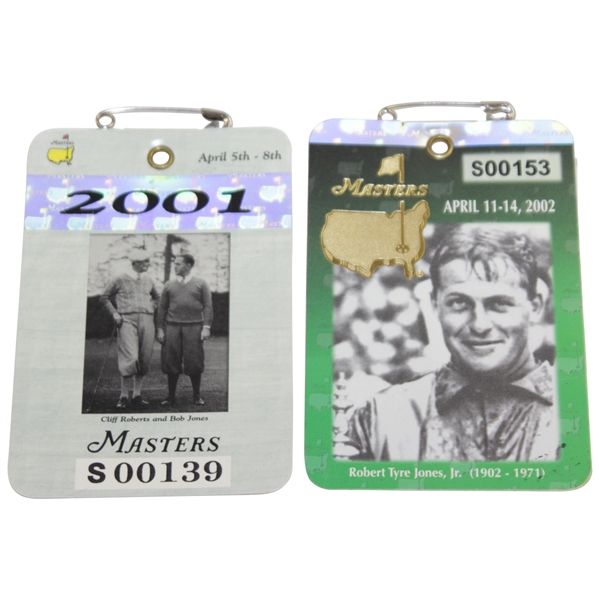 2001 & 2002 Masters Tournament SERIES Badges #S00139 & #S00153 - Tiger Woods Wins