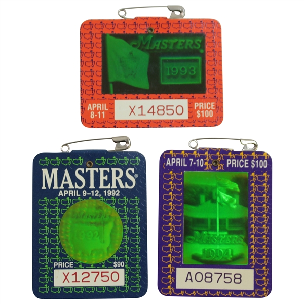 1992, 1993, & 1994 Masters Tournament SERIES Badges - #X12750, #A08758, & #X14850