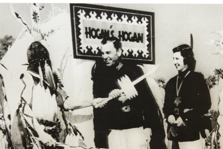 Ben Hogan 1950 Wire Photo Receiving New Club Presented by Apache Devil Dancers 'Hogan's Hogan'