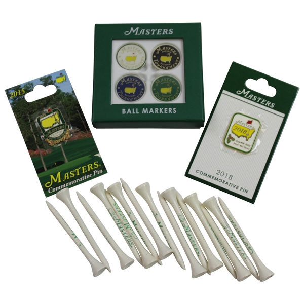 2015 & 2018 Masters Tournament Commemorative Pins with 4pk Undated Ballmakers & 15 Tees