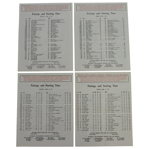 1971 Masters Tournament Thurs-Sunday (4) Pairing Sheets - Charles Coody Winner
