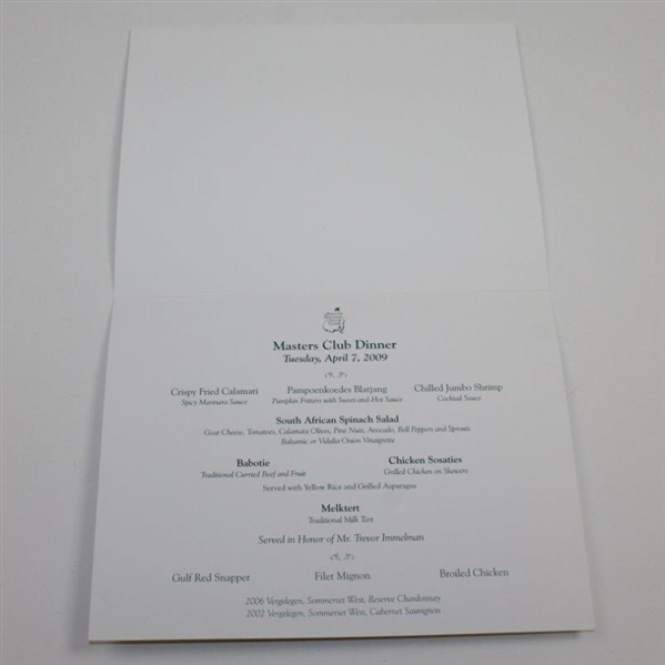 2009 Masters Club Champions Dinner Menu - Served in Honor of Mr. Trevor Immelman