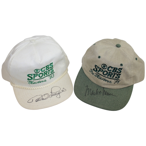 Bernhard Langer & Mark O'Meara Signed Masters CBS Sports Logo Hats - White '93 & Green '98 JSA ALOA