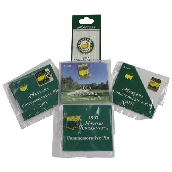 Set of Tiger Woods Wins Masters Commemorative Pins - 1997, 2001, 2002, 2005, & 2019