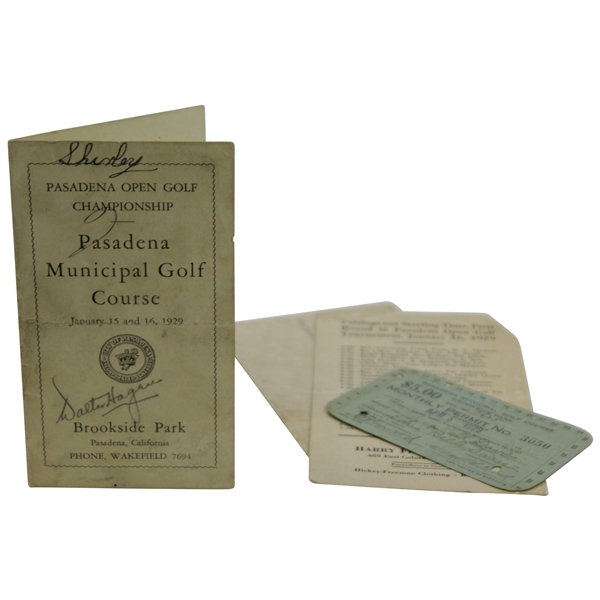 Walter Hagen Twice Signed 1929 Pasadena Municipal GC Scorecard with Permit & Pairing Card JSA ALOA
