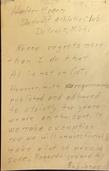 Bobby Jones Handwritten Pencil Letter to Walter Hagen Regarding The Masters Omittance of Friend JSA FULL LETTER