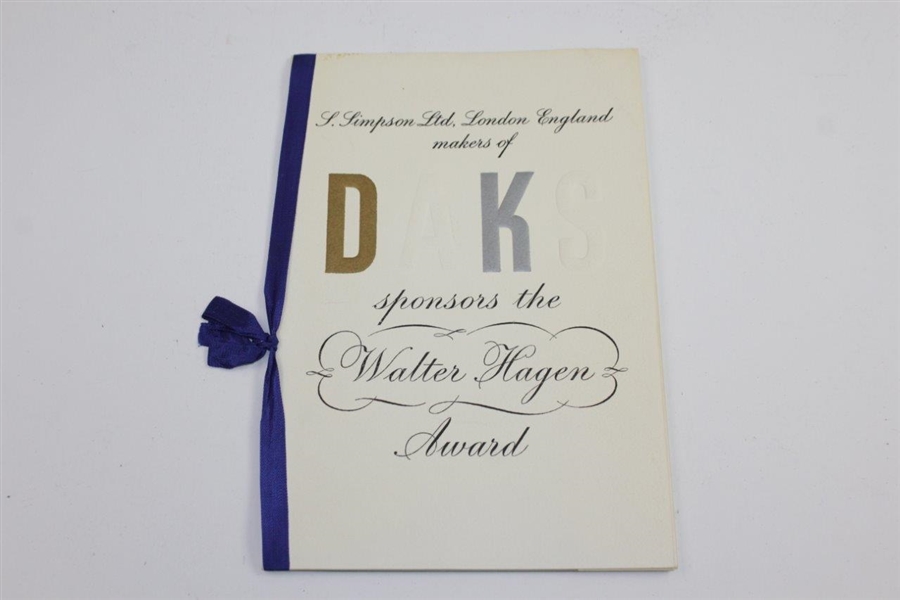 Walter Hagen DAKS Award Program, Photo of Award, & Photo with Award from Hagen Estate with Letter