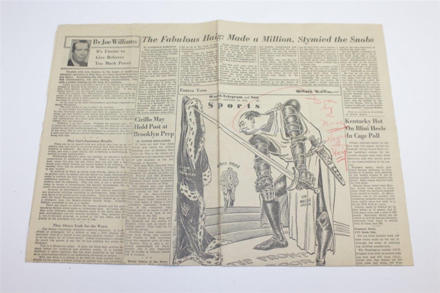 Original 1952 Sir Walter Hagen Cartoon Battling 'Cloak of Snobbery' with Signed 'Haig' Newspaper JSA ALOA