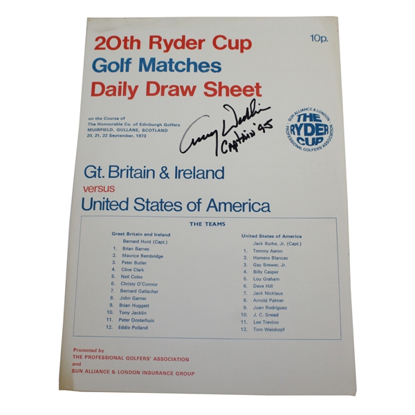 Lanny Wadkins Signed 1973 Ryder Cup Daily Draw Sheet with 'Captain 95' Insc. JSA ALOA