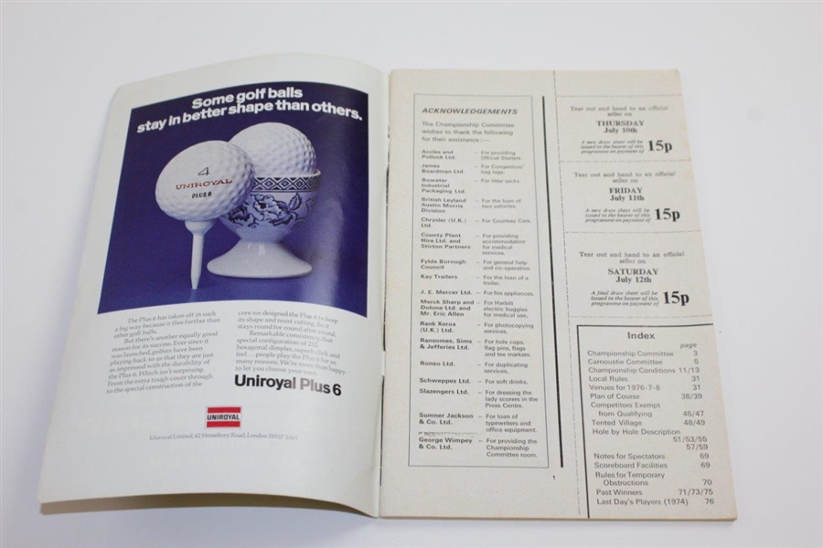 1975 OPEN Championship at Carnoustie Official Program with Wednesday & Friday Draw Sheets