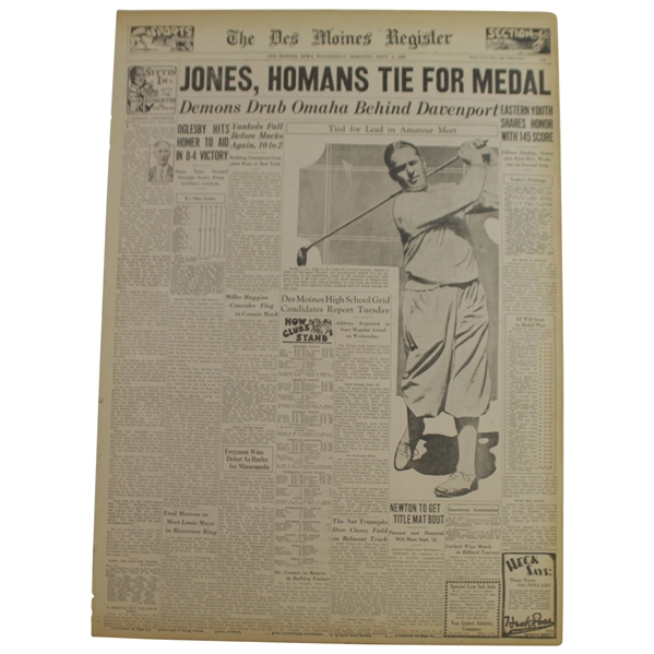 September 14, 1929 Des Moines Register Bobby Jones Low Qualifier Headline Newspaper - Full