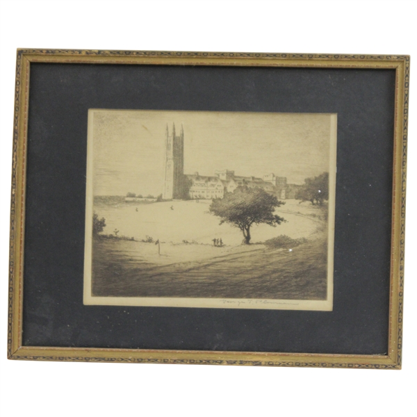 Vintage George T. Plowman Golf Scene in Front of Cathedral Etching Signed by Artist