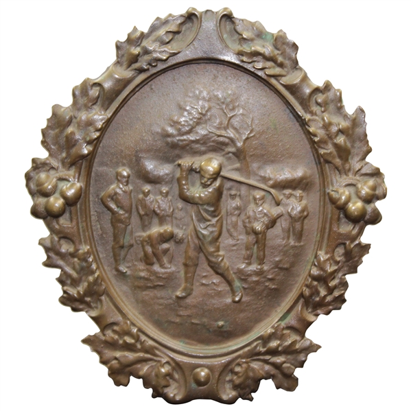 1920's Heavy Bronze Golfer in Knickers - High relief - Oval Ornate Plaque
