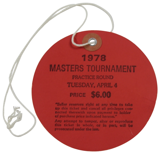 Gary Player Signed 1978 Masters Tournament Tuesday Ticket #5188 JSA ALOA