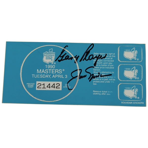 Jack Nicklaus & Gary Player Signed 1990 Masters Tournament Tuesday Souvenir Stickers Page JSA ALOA