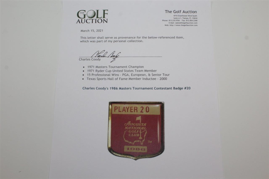Charles Coody's 1986 Masters Tournament Contestant Badge #20