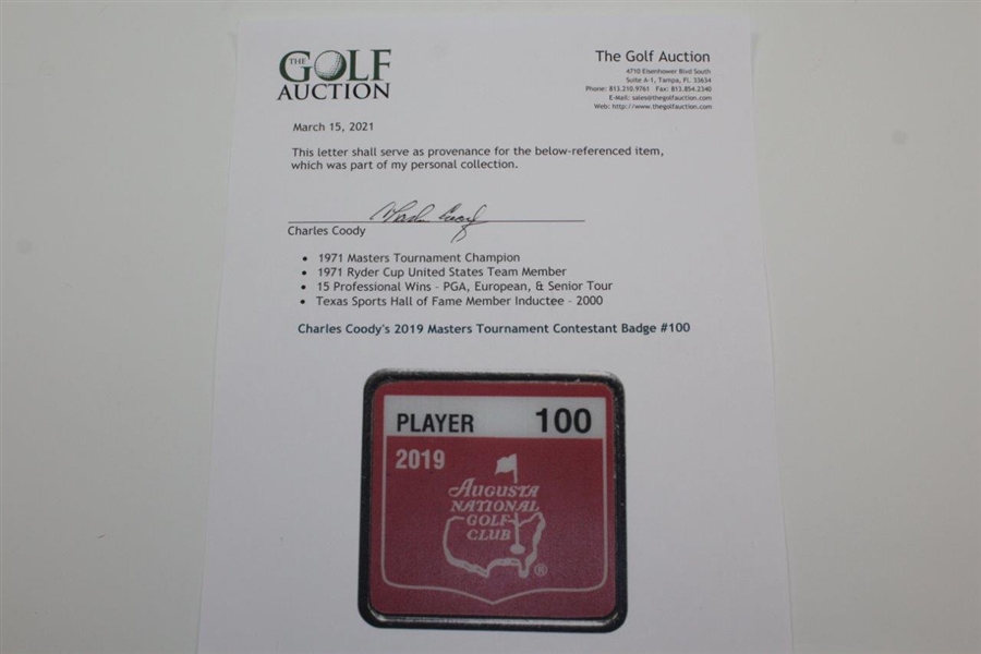Charles Coody's 2019 Masters Tournament Contestant Badge #100