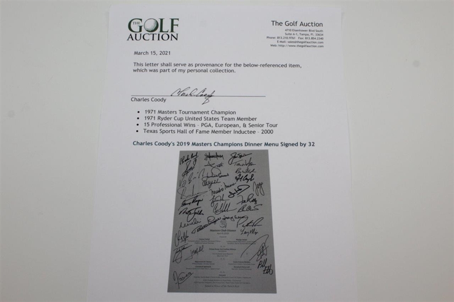 Charles Coody's 2019 Masters Champions Dinner Menu Signed by 32 JSA ALOA