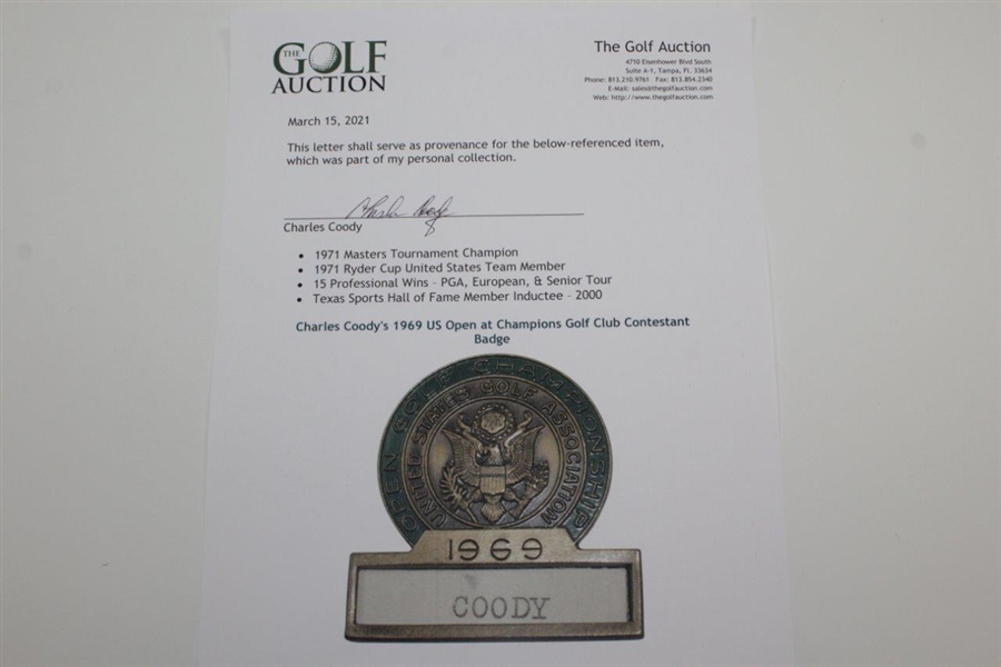 Charles Coody's 1969 US Open at Champions Golf Club Contestant Badge