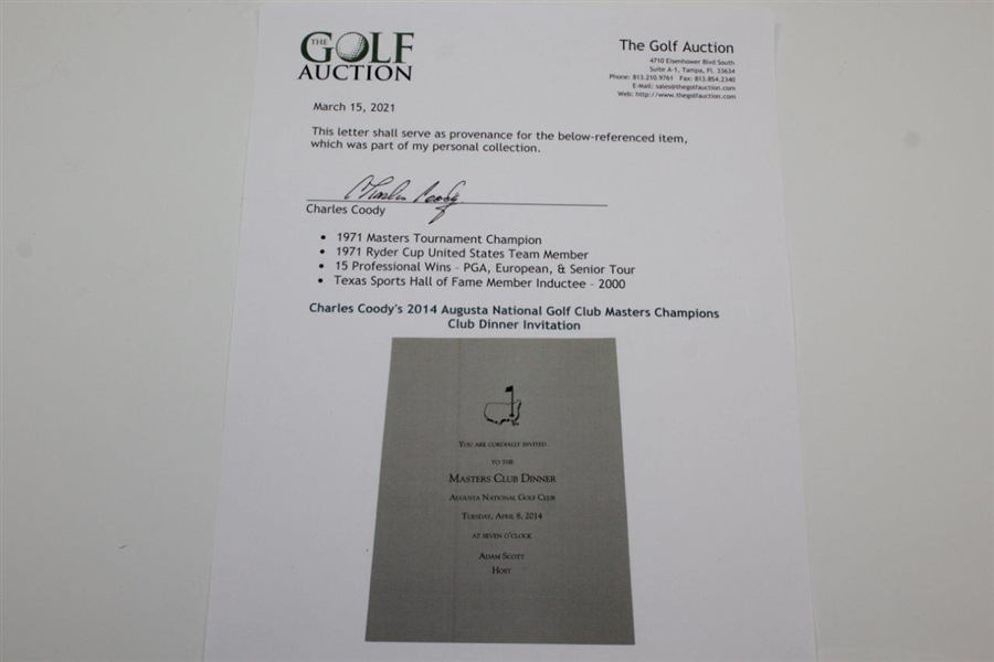 Charles Coody's 2014 Augusta National Golf Club Masters Champions Club Dinner Invitation