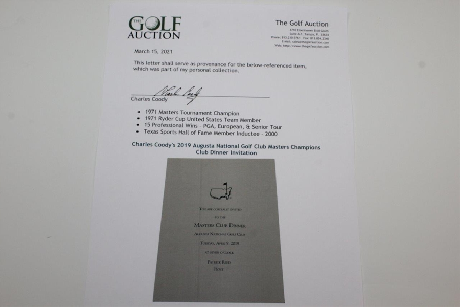 Charles Coody's 2019 Augusta National Golf Club Masters Champions Club Dinner Invitation
