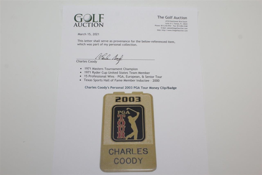 Charles Coody's Personal 2003 PGA Tour Money Clip/Badge