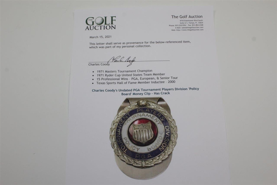 Charles Coody's Undated PGA Tournament Players Division 'Policy Board' Money Clip - Has Crack