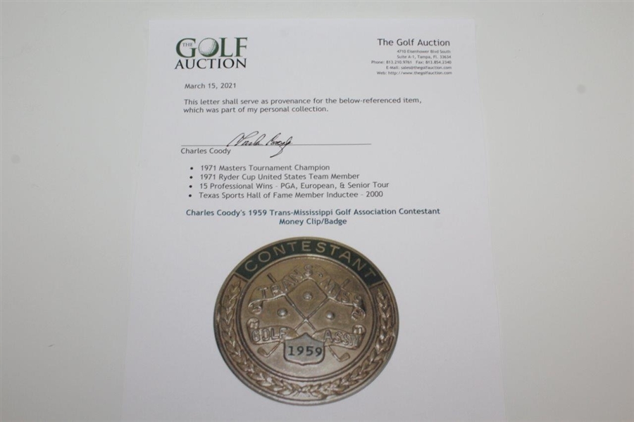 Charles Coody's 1959 Trans-Mississippi Golf Association Contestant Clip/Badge - Nicklaus Winner!