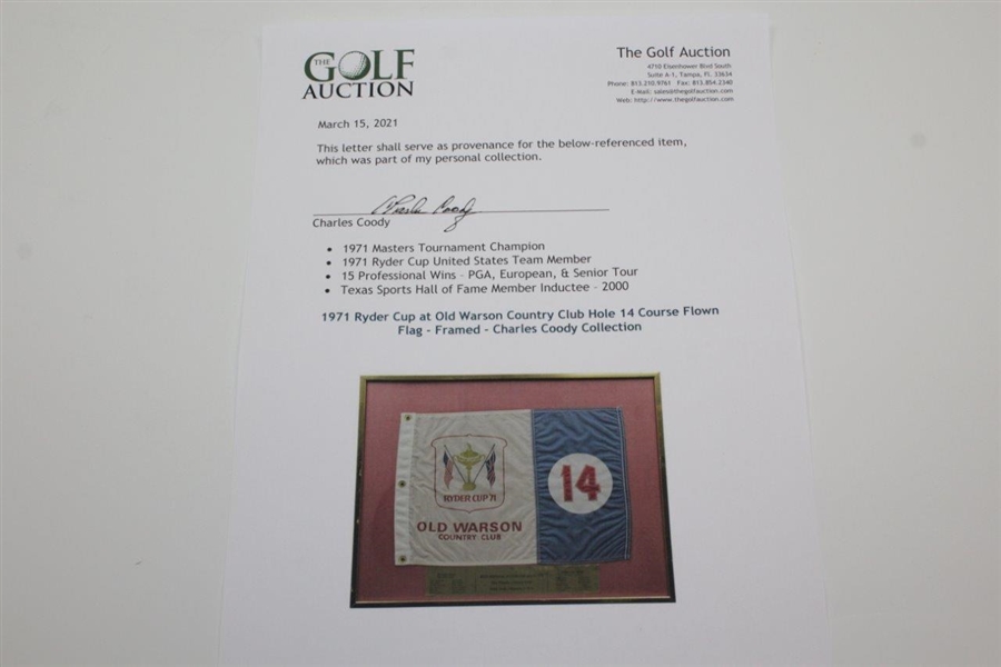 1971 Ryder Cup at Old Warson Country Club Hole 14 Course Flown Flag - Framed - Charles Coody Collection