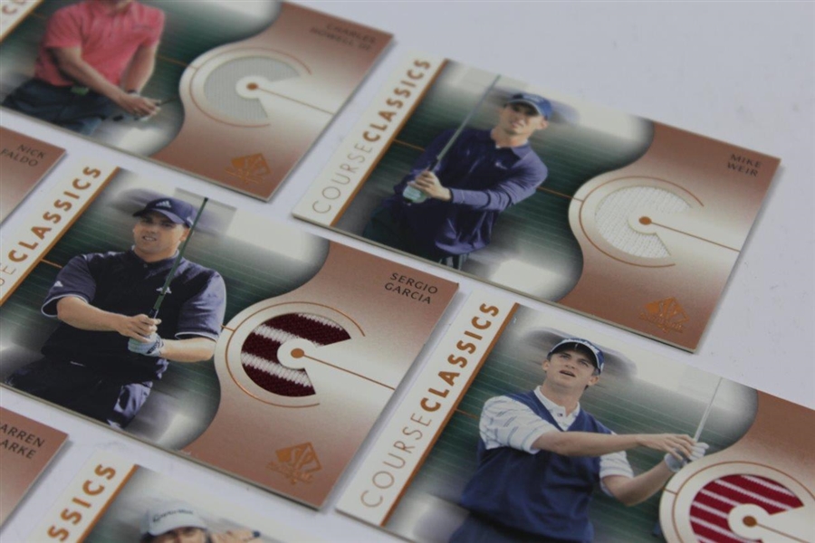 Seven (7) 2003 Upper Deck Course Classics Golf Cards - Game Used Shirts - Faldo, Couples, Sergio, & others
