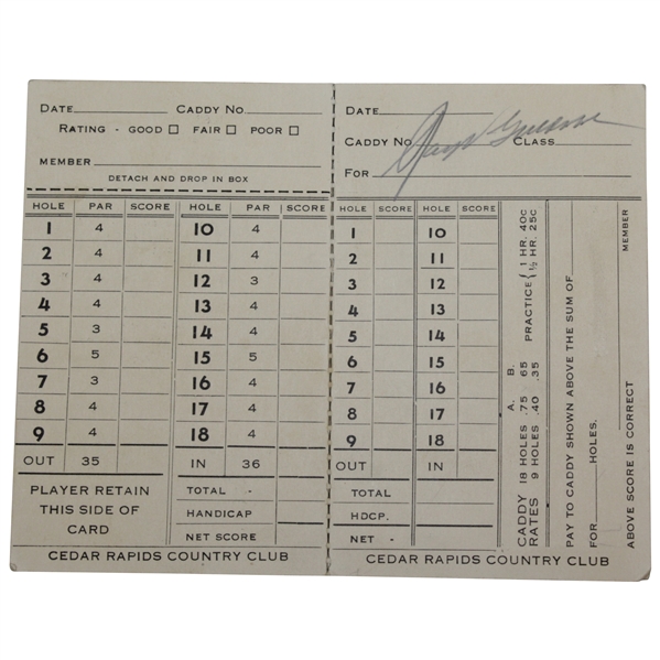Ralph Guhdahl Signed Cedar Rapids Country Club Scorecard JSA FULL #X44663