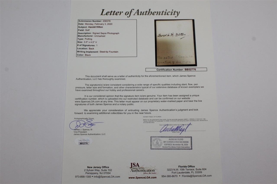 Harold H. Hilton Signed Cut with Sepia Photo on Reverse JSA FULL #BB52776