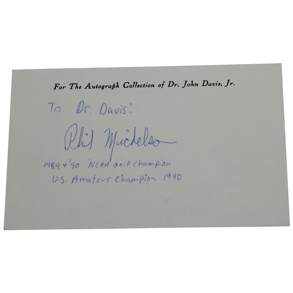 Classic Phil Mickelson Signed 3x5 Card with NCAA & Amateur Champ Inscription JSA #A28408