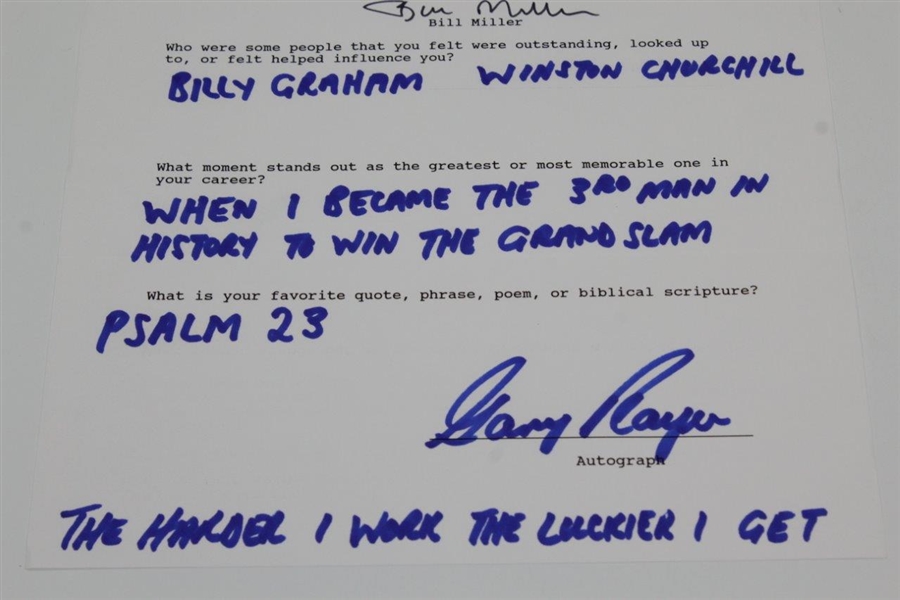 Gary Player Signed & Filled Out Questionaire Sheet - Favorite People, Quote, Moment, etc JSA ALOA