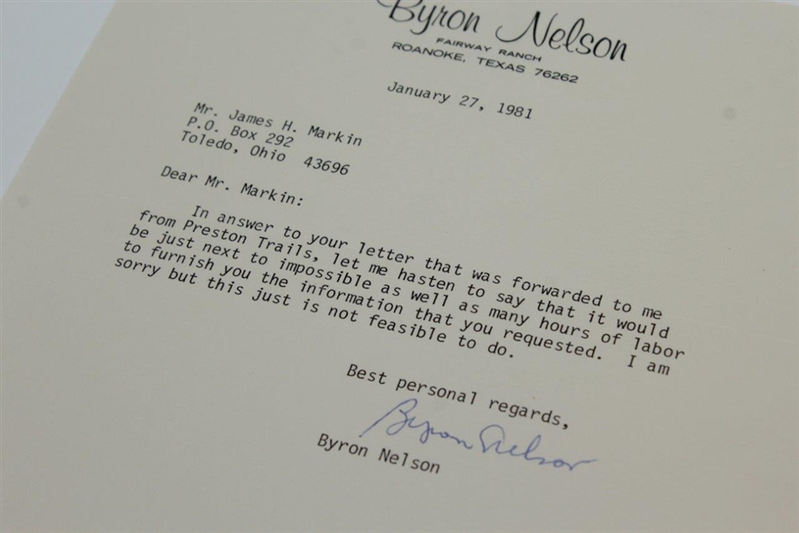 Byron Nelson Signed January 27, 1981 Typed Letter on Letterhead JSA ALOA
