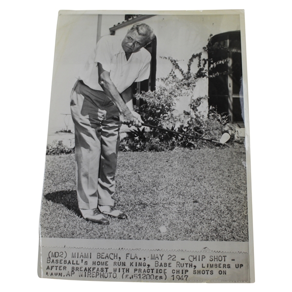 Babe Ruth 5/24/1947 Oversize 'Limbers Up with Golfing' Associated Wire Photo