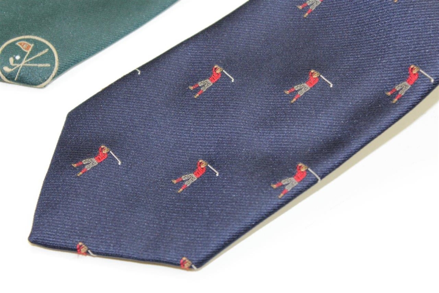 Three (3) Classic Golf Themed Neckties - Green Golfer, Blue Golfer, & Crossed Clubs with Flag