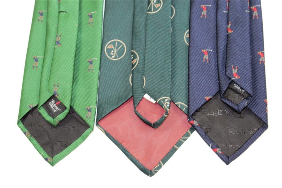 Three (3) Classic Golf Themed Neckties - Green Golfer, Blue Golfer, & Crossed Clubs with Flag