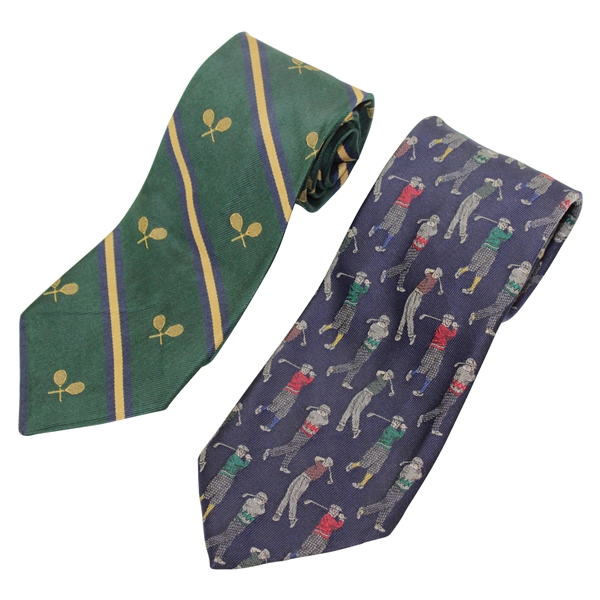 Two Classic Neckties - Golfer Collage Themed & Crossed Rackets Tennis Themed
