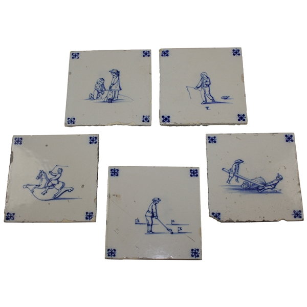 Five (5) Delft Tiles with One Golf & other Scenes Depicted