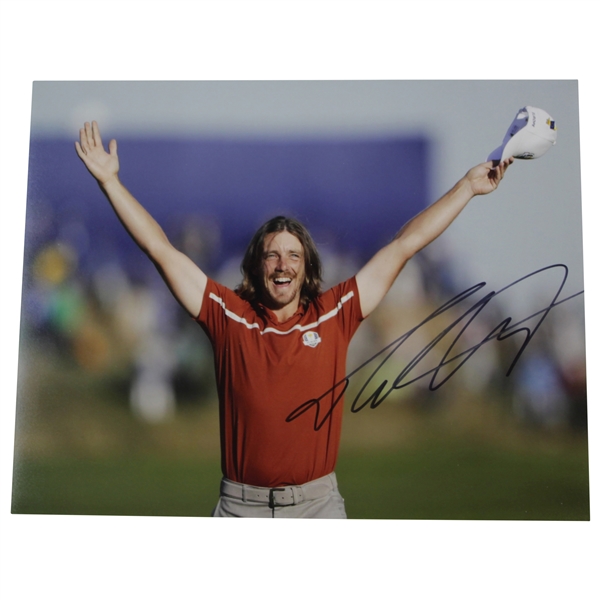 Tommy Fleetwood Signed Photo at 2018 Ryder Cup Celebrating With Cap In Hand JSA ALOA