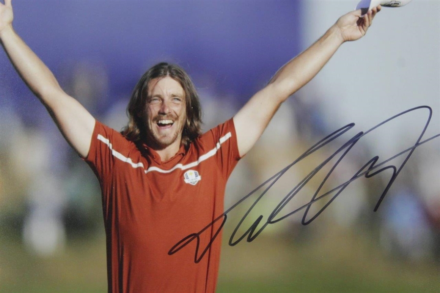 Tommy Fleetwood Signed Photo at 2018 Ryder Cup Celebrating With Cap In Hand JSA ALOA