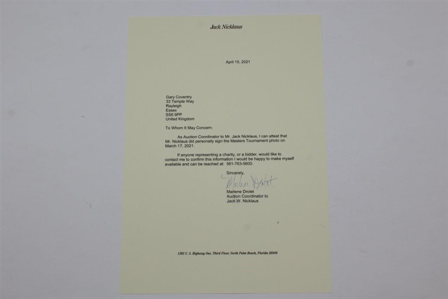 Jack Nicklaus Signed Photo 04/10/1986 Masters Bunker Shot with Letter - JSA ALOA