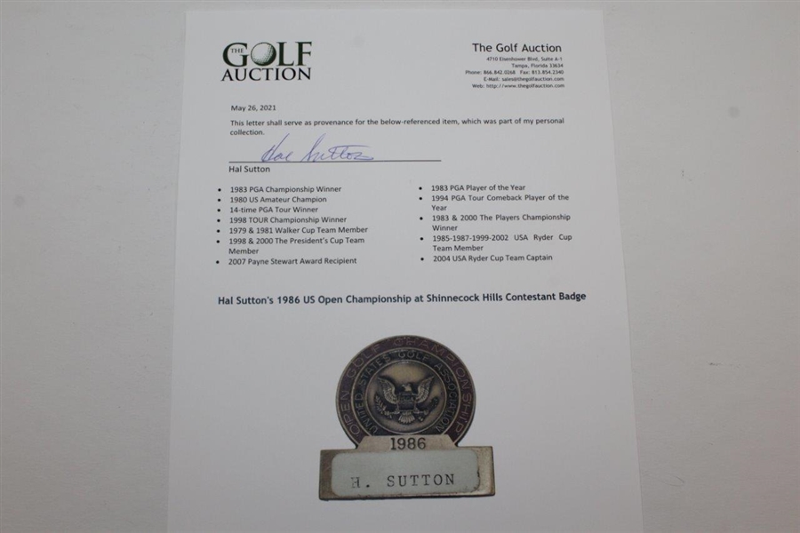 Hal Sutton's 1986 US Open Championship at Shinnecock Hills Contestant Badge