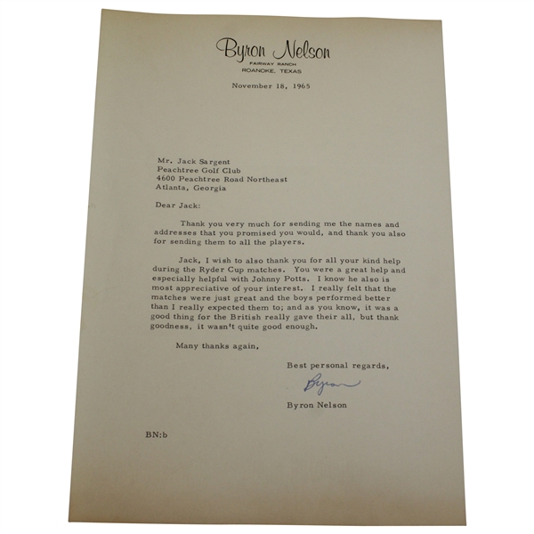 Byron Nelson Signed November 18, 1965 Letter to Jack Sargent at Peachtree JSA ALOA
